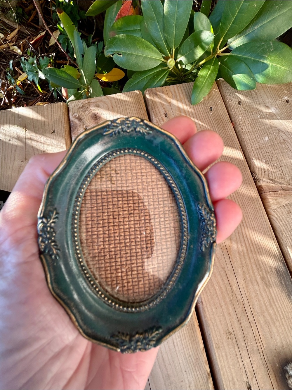 Elegant Green & Gold Miniature Round Picture Frame, Vintage